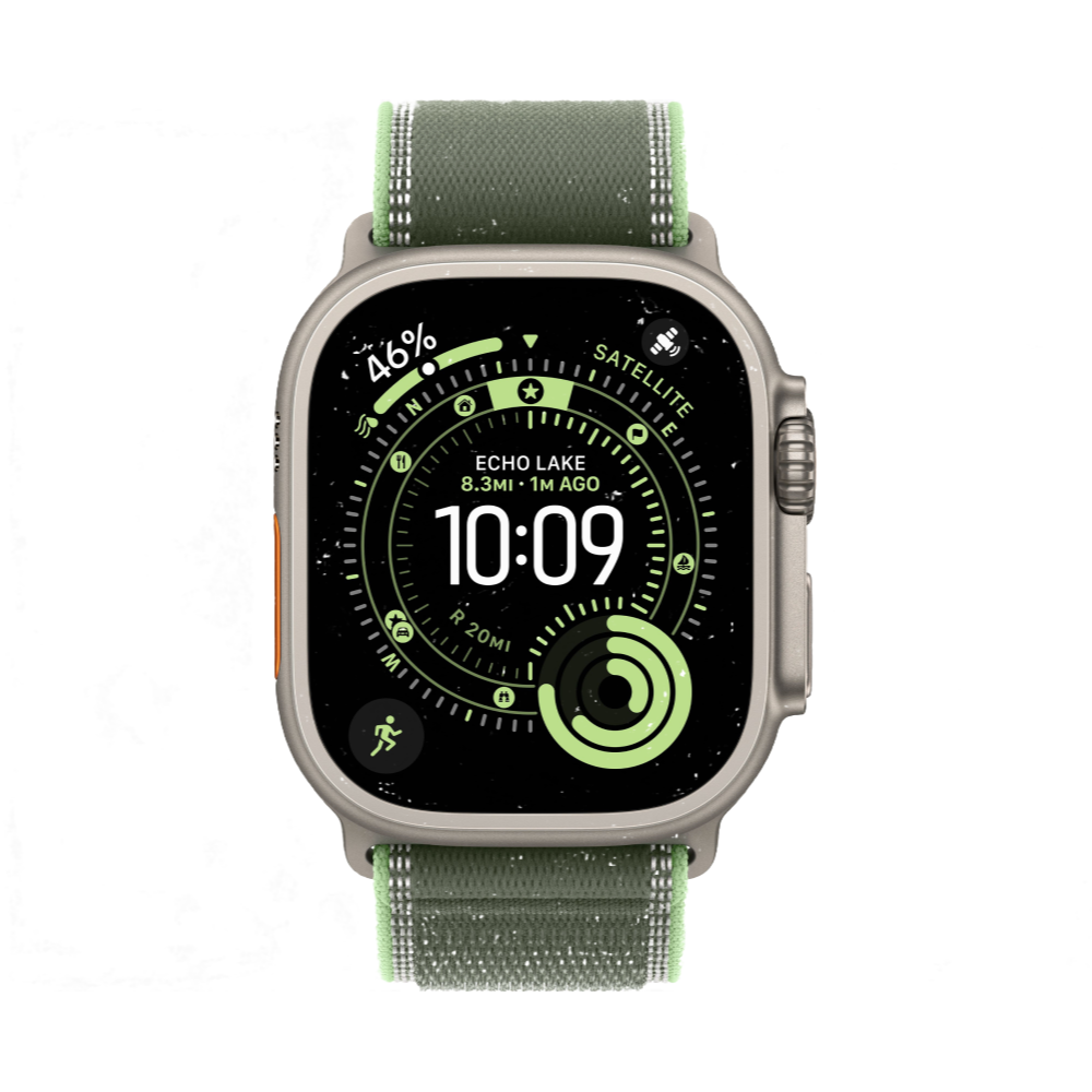 На фото изображено Apple Watch Ultra 3 GPS + Cellular, 49 мм, корпус из натурального титана, ремешок Trail, цвет зелёный, S/M