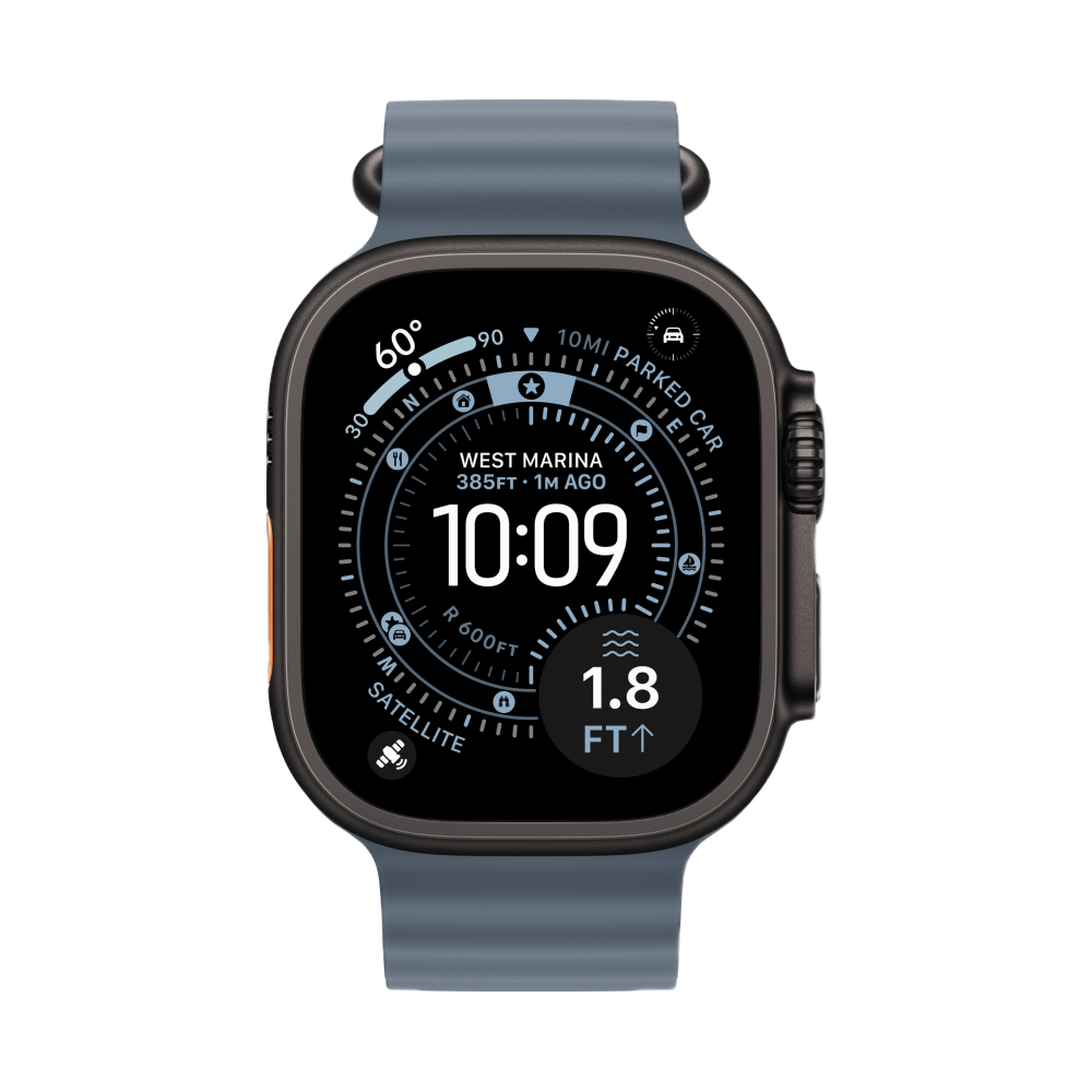 На фото изображено Apple Watch Ultra 3 GPS + Cellular, 49 мм, корпус из чёрного титана, ремешок Ocean Band, цвет синий