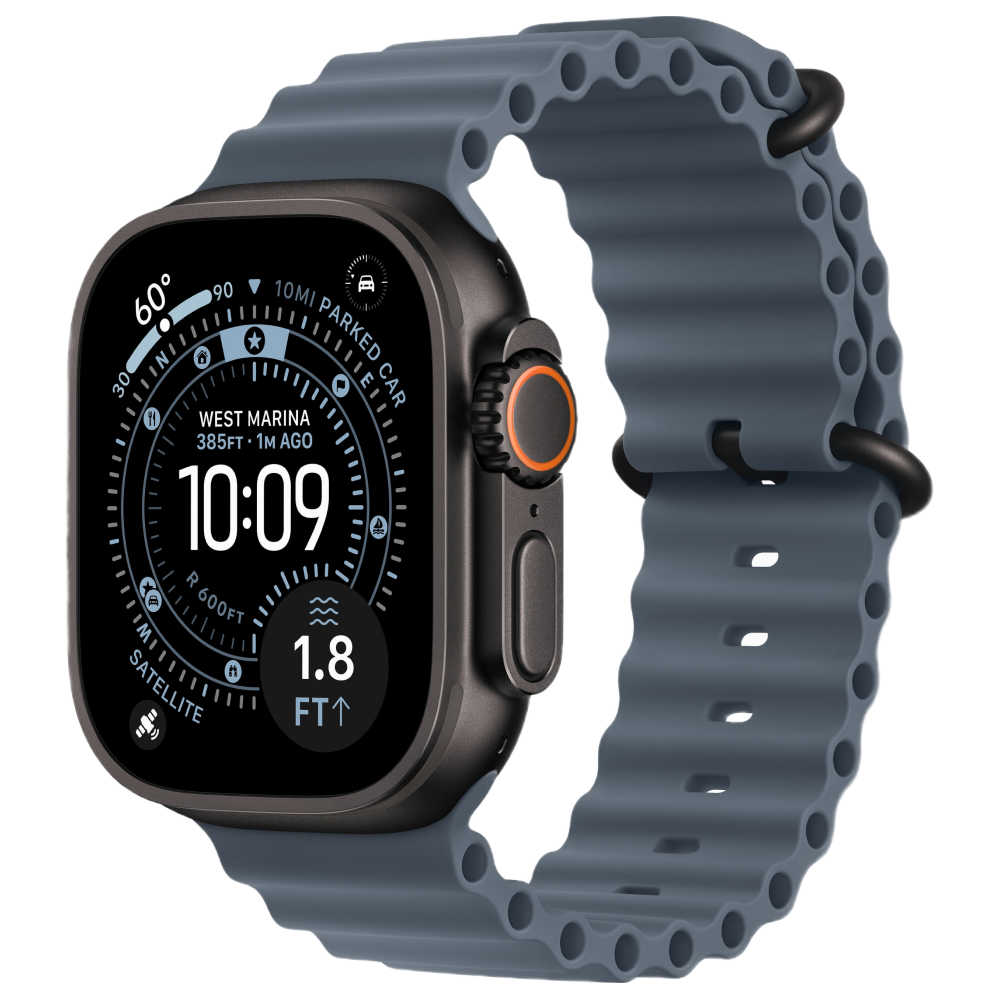 На фото изображено Apple Watch Ultra 3 GPS + Cellular, 49 мм, корпус из чёрного титана, ремешок Ocean Band, цвет синий