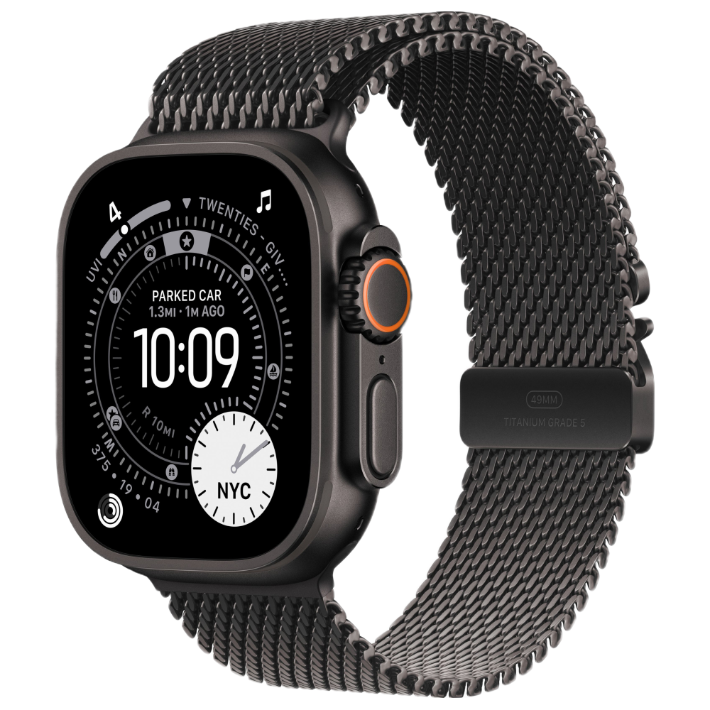 На фото изображено Apple Watch Ultra 3 GPS + Cellular, 49 мм, корпус из черного титана, ремешок Milanese черного цвета, размер M