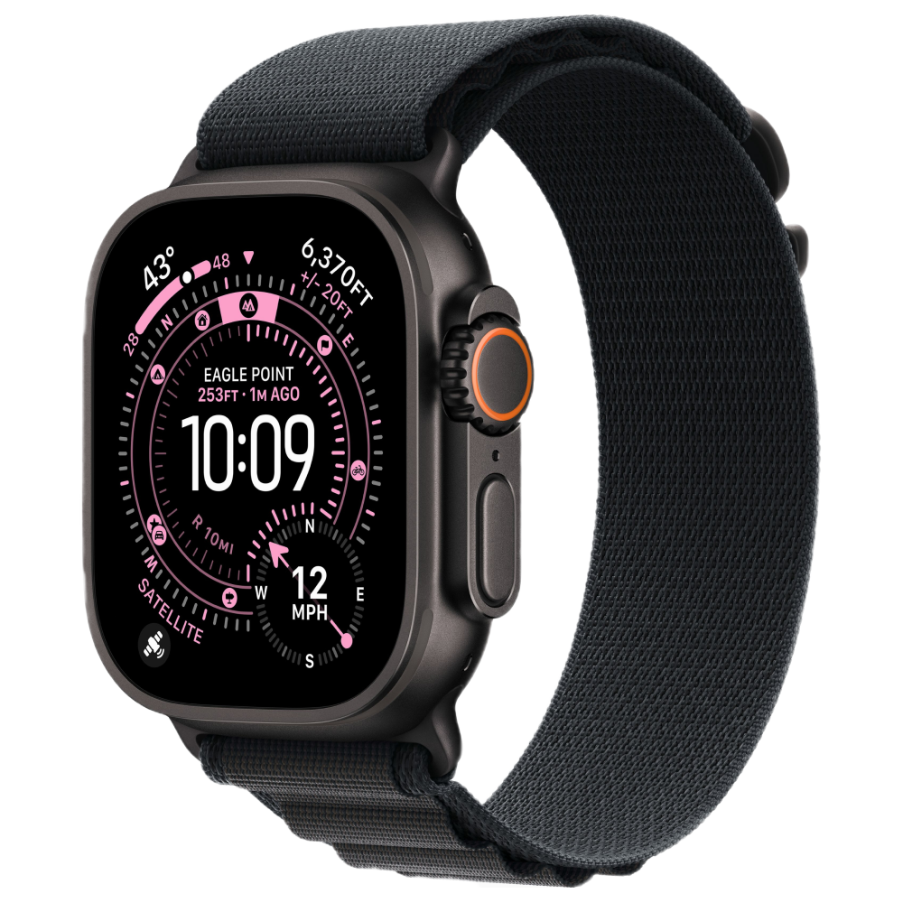 На фото изображено Apple Watch Ultra 3 GPS + Cellular, 49 мм, корпус из чёрного титана, ремешок Alpine, цвет чёрный, S