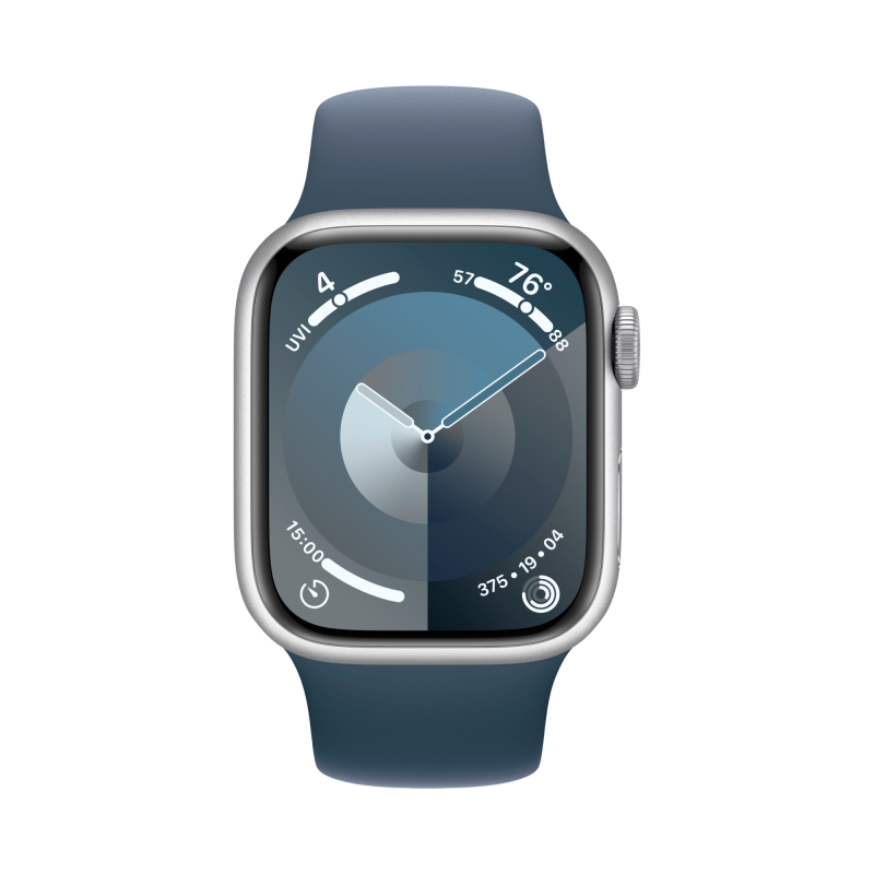 Apple Watch Series 9, 41 мм, корпус из алюминия цвета «Серебристый», спортивный ремешок, размер S/M