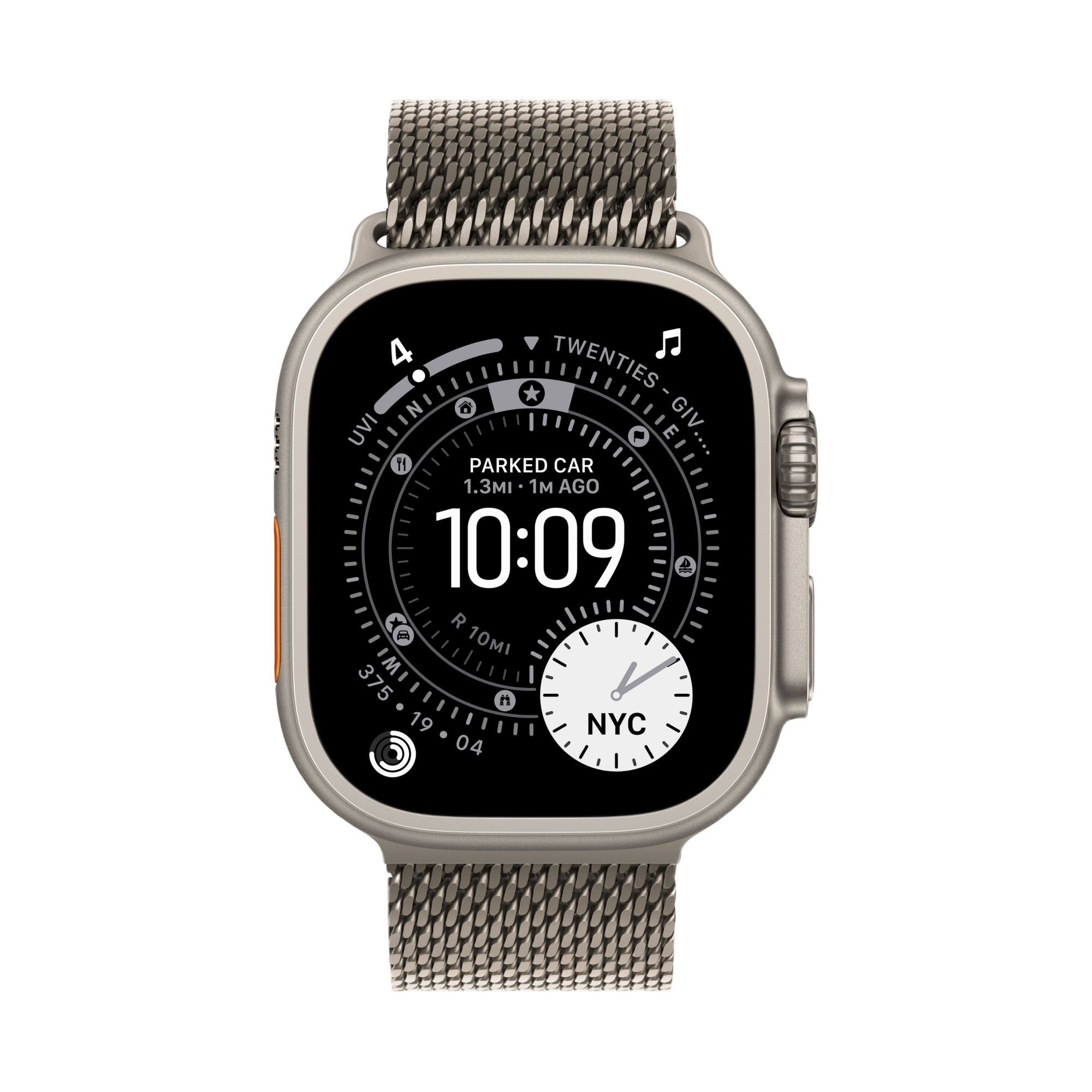 На фото изображено Apple Watch Ultra 3 GPS + Cellular, 49 мм, корпус из натурального титана, ремешок Milanese цвета «натуральный титан», размер S