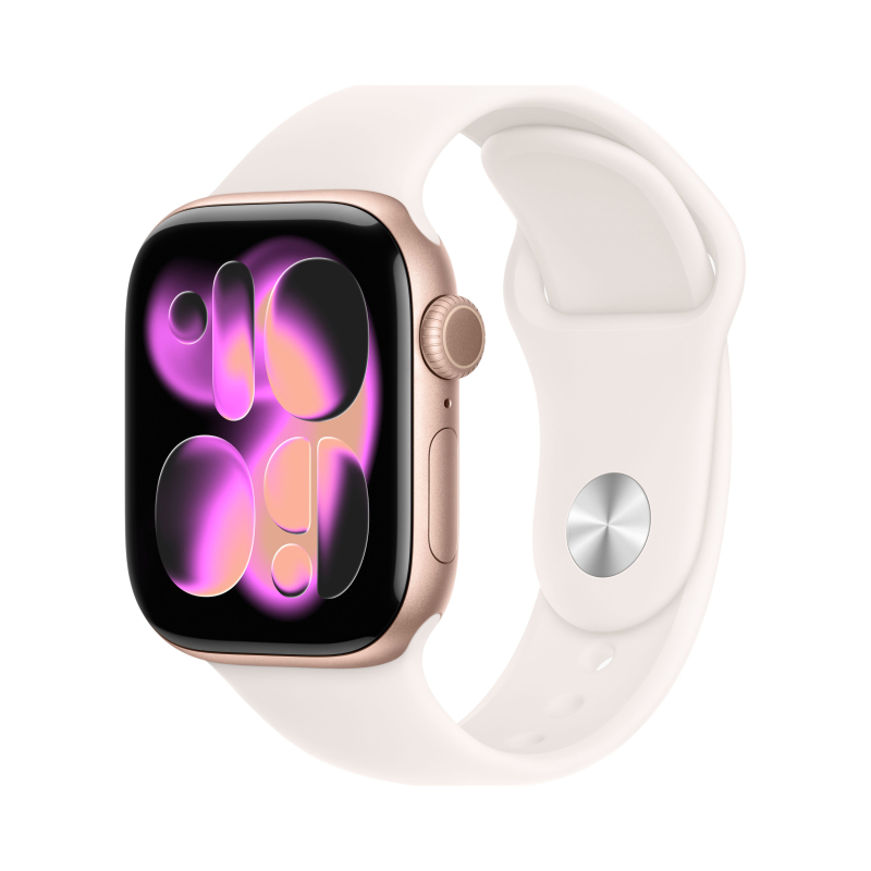 На фото изображено Apple Watch Series 11, 42 мм, корпус из алюминия цвета «Розовое золото», спортивный ремешок, размер S/M