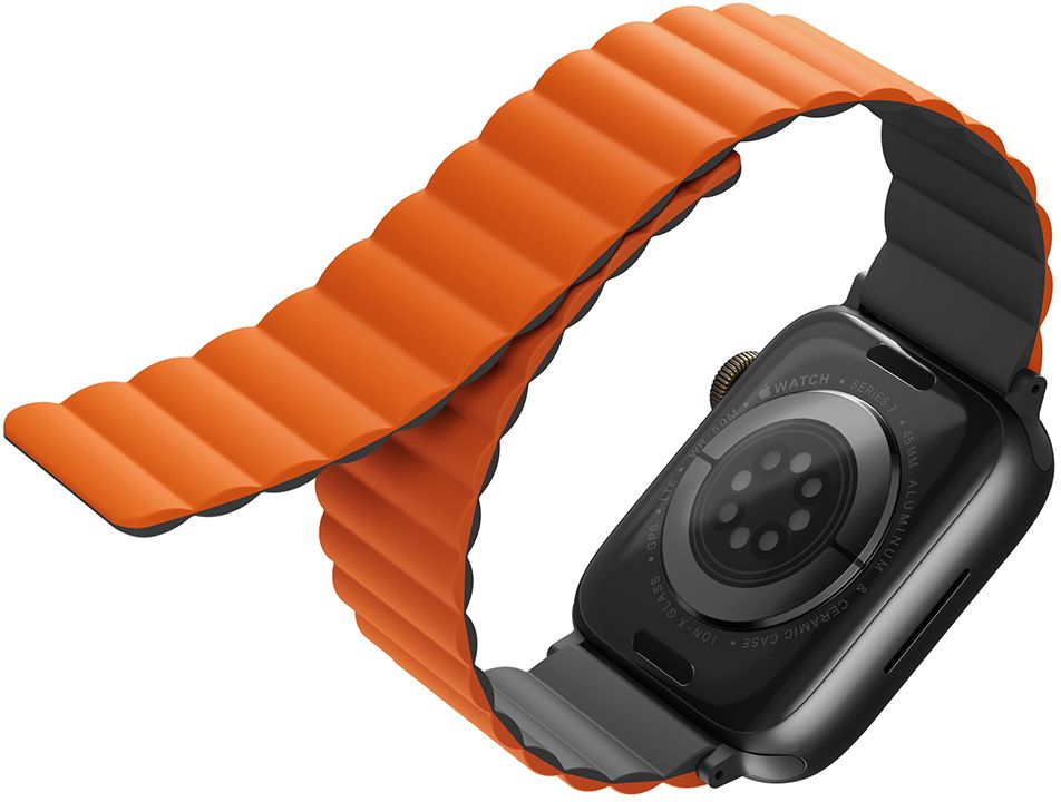 Фото Ремешок силиконовый двусторонний Uniq для Apple Watch (44,45,46,49 мм), оранжевый-серый На фото изображено Ремешок силиконовый двусторонний Uniq для Apple Watch (44,45,46,49 мм), оранжевый-серый