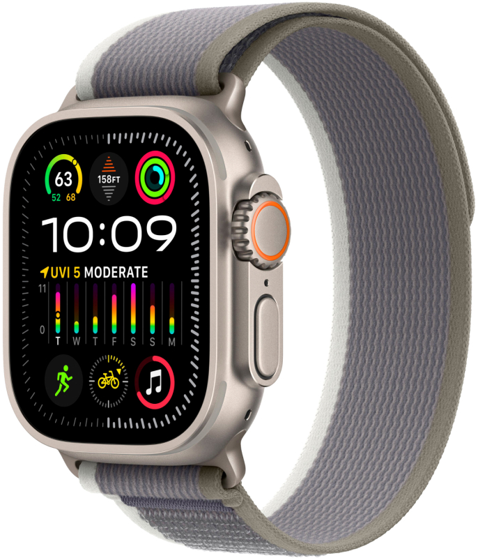 Apple Watch Ultra 2 GPS + Cellular, 49 мм, корпус из титана, ремешок Trail цвет Зелено/серый, S/M Apple Watch Ultra 2 GPS + Cellular, 49 мм, корпус из титана, ремешок Trail цвет Зелено/серый, S/M