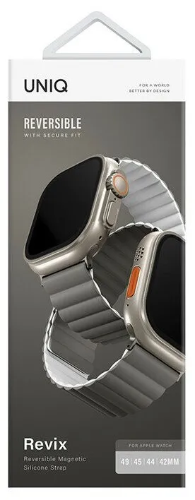 Фото Ремешок силиконовый двусторонний Uniq для Apple Watch (44,45,46,49 мм), серый-белый На фото изображено Ремешок силиконовый двусторонний Uniq для Apple Watch (44,45,46,49 мм), серый-белый