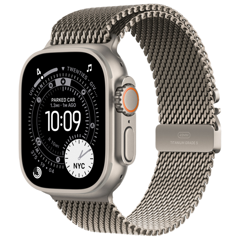 На фото изображено Apple Watch Ultra 3 GPS + Cellular, 49 мм, корпус из натурального титана, ремешок Milanese цвета «натуральный титан», размер S