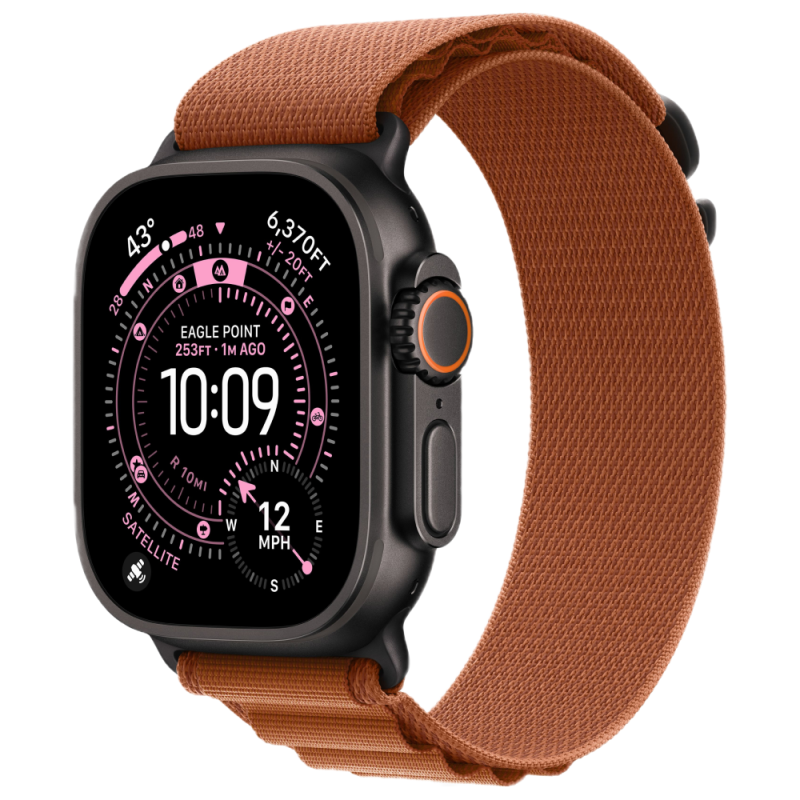 На фото изображено Apple Watch Ultra 3 GPS + Cellular, 49 мм, корпус из чёрного титана, ремешок Alpine, цвет терракотовый, M