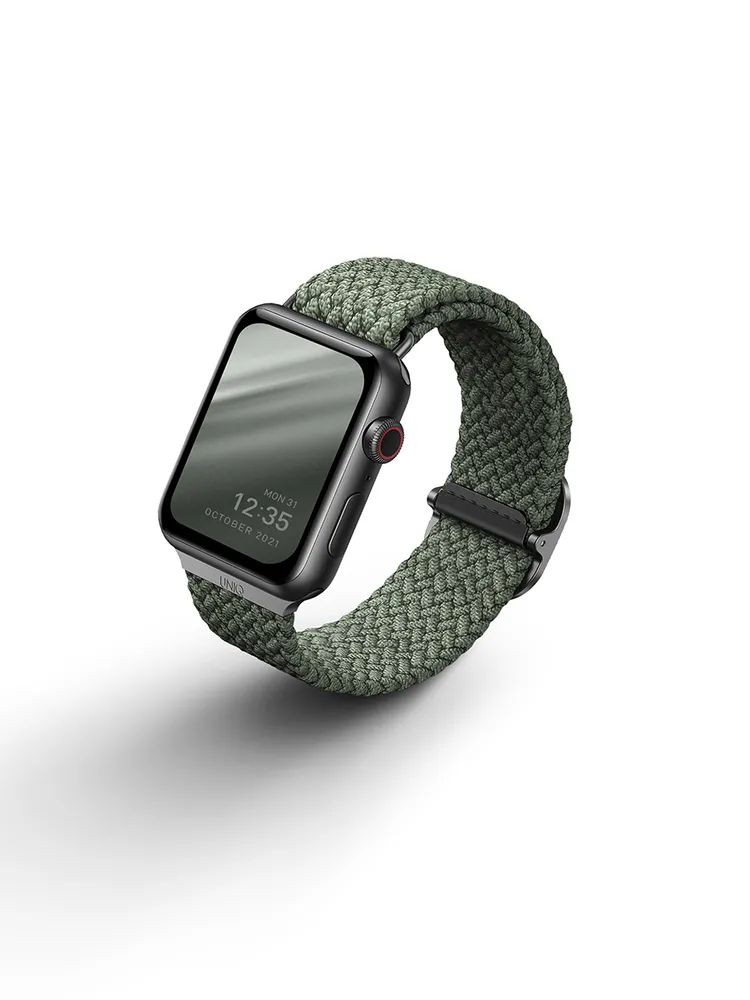 Фото Ремешок текстильный плетёный Uniq для Apple Watch 38/40/41/42, зелёный На фото изображено Ремешок текстильный плетёный Uniq для Apple Watch 38/40/41/42, зелёный