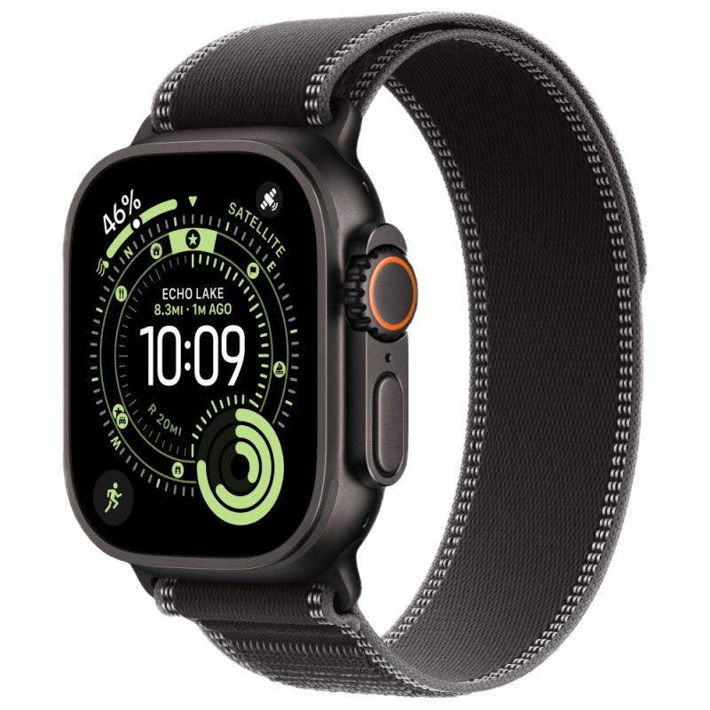 Фото Apple Watch Ultra 3 GPS + Cellular, 49 мм, корпус из чёрного титана, ремешок Trail, цвет чёрный, S/M На фото изображено Apple Watch Ultra 3 GPS + Cellular, 49 мм, корпус из чёрного титана, ремешок Trail, цвет чёрный, S/M