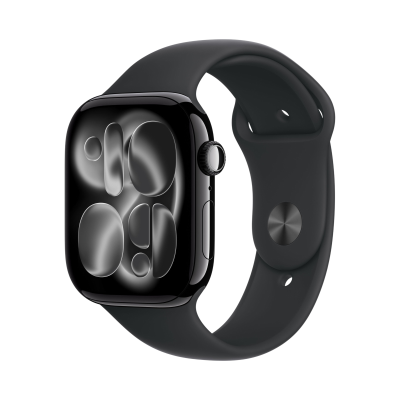 На фото изображено Apple Watch Series 11, 46 мм, корпус из алюминия цвета «Чёрный оникс», спортивный ремешок, размер M/L