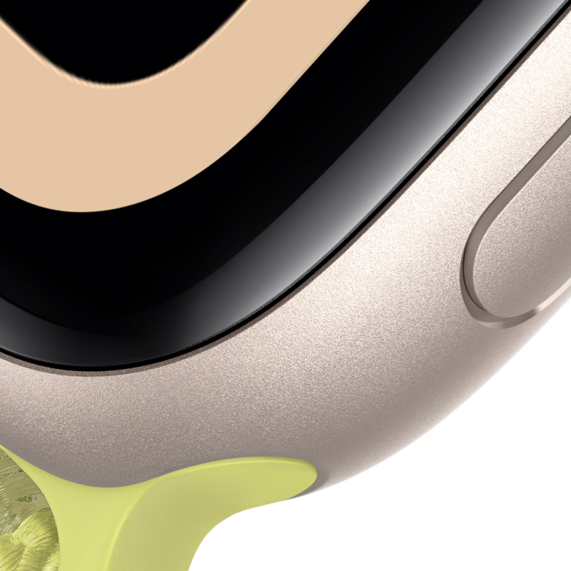 На фото изображено Apple Watch SE 3, 44 мм, корпус из алюминия цвета «Сияющая звезда», спортивный ремешок, размер M/L