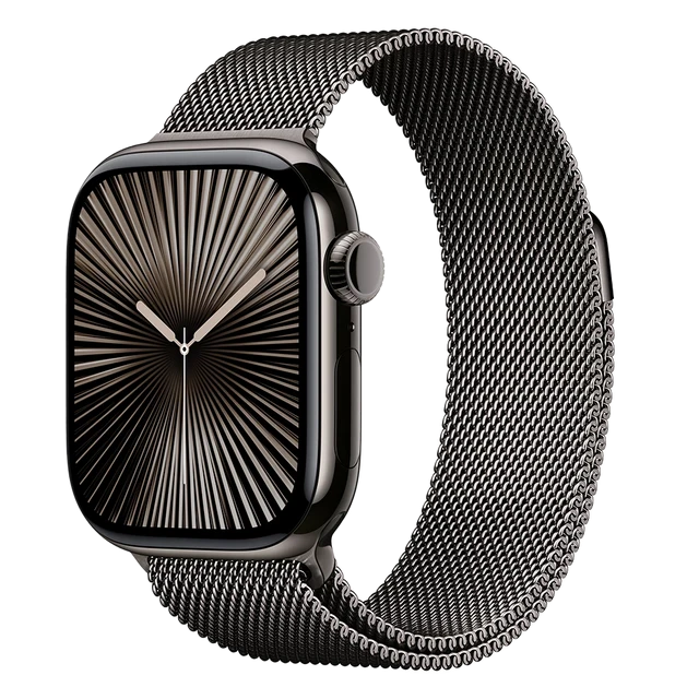 Apple Watch Series 10, 42 мм, корпус из титана цвета «графит», ремешок Milanese графитового цвета Apple Watch Series 10, 42 мм, корпус из титана цвета «графит», ремешок Milanese графитового цвета