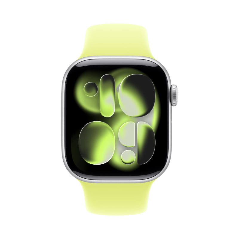 На фото изображено Apple Watch Series 11, 42 мм, корпус из алюминия цвета «Серебристый», спортивный ремешок, размер S/M