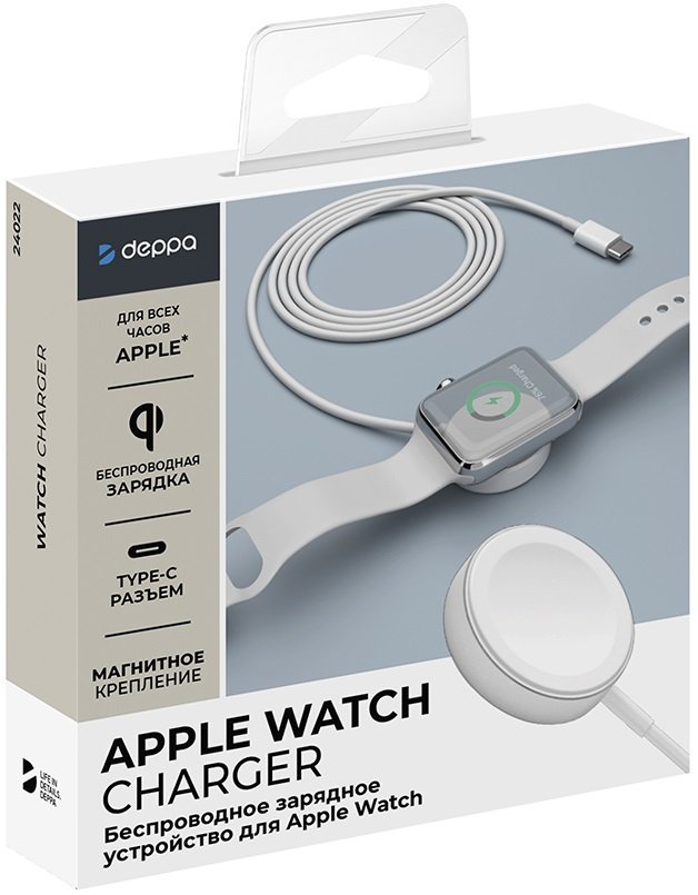 На фото изображено Беспроводное зарядное устройство A-watch Deppa, Type-C, белый