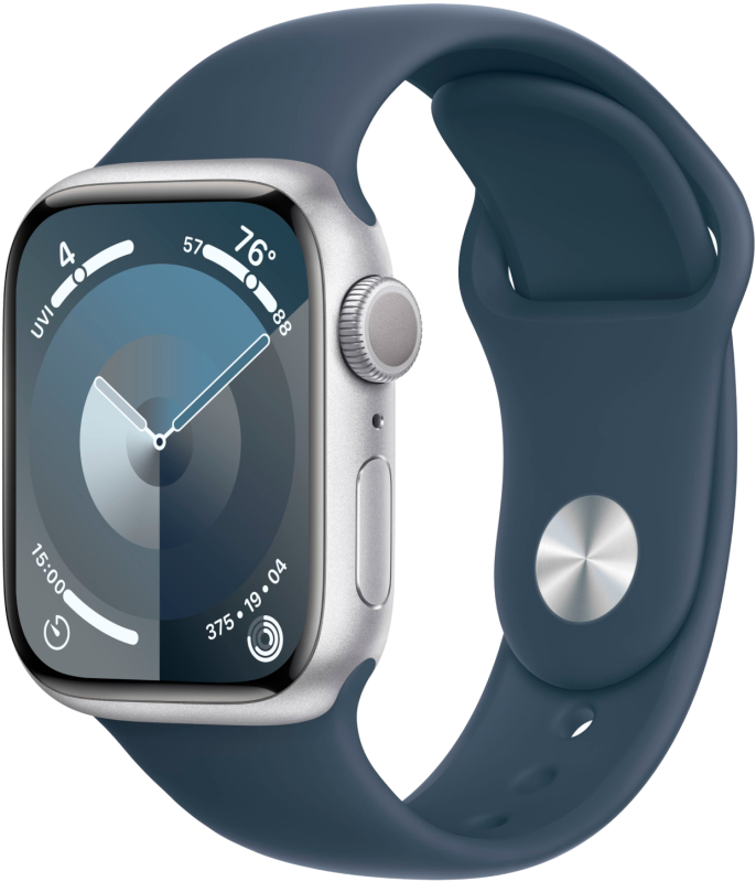 Apple Watch Series 9, 41 мм, корпус из алюминия цвета «Серебристый», спортивный ремешок, размер S/M