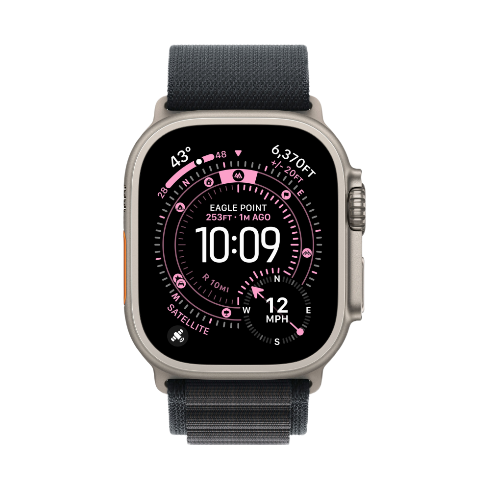 На фото изображено Apple Watch Ultra 3 GPS + Cellular, 49 мм, корпус из натурального титана, ремешок Alpine, цвет чёрный, M