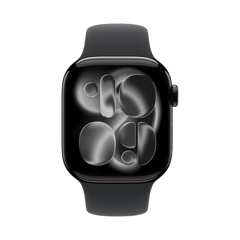 На фото изображено Apple Watch Series 11, 42 мм, корпус из алюминия цвета «Чёрный оникс», спортивный ремешок, размер M/L