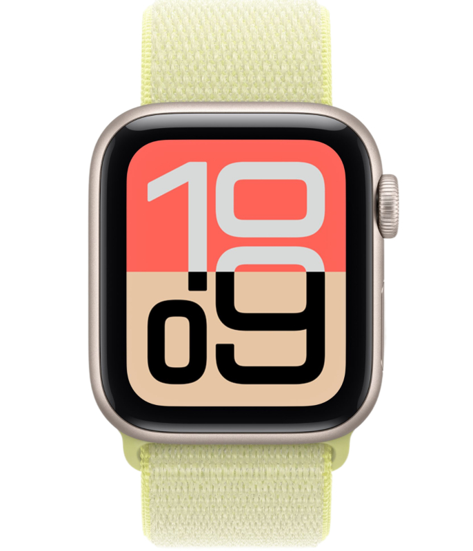 На фото изображено Apple Watch SE 3, 40 мм, корпус из алюминия цвета «Сияющая звезда», спортивный ремешок, размер S/M