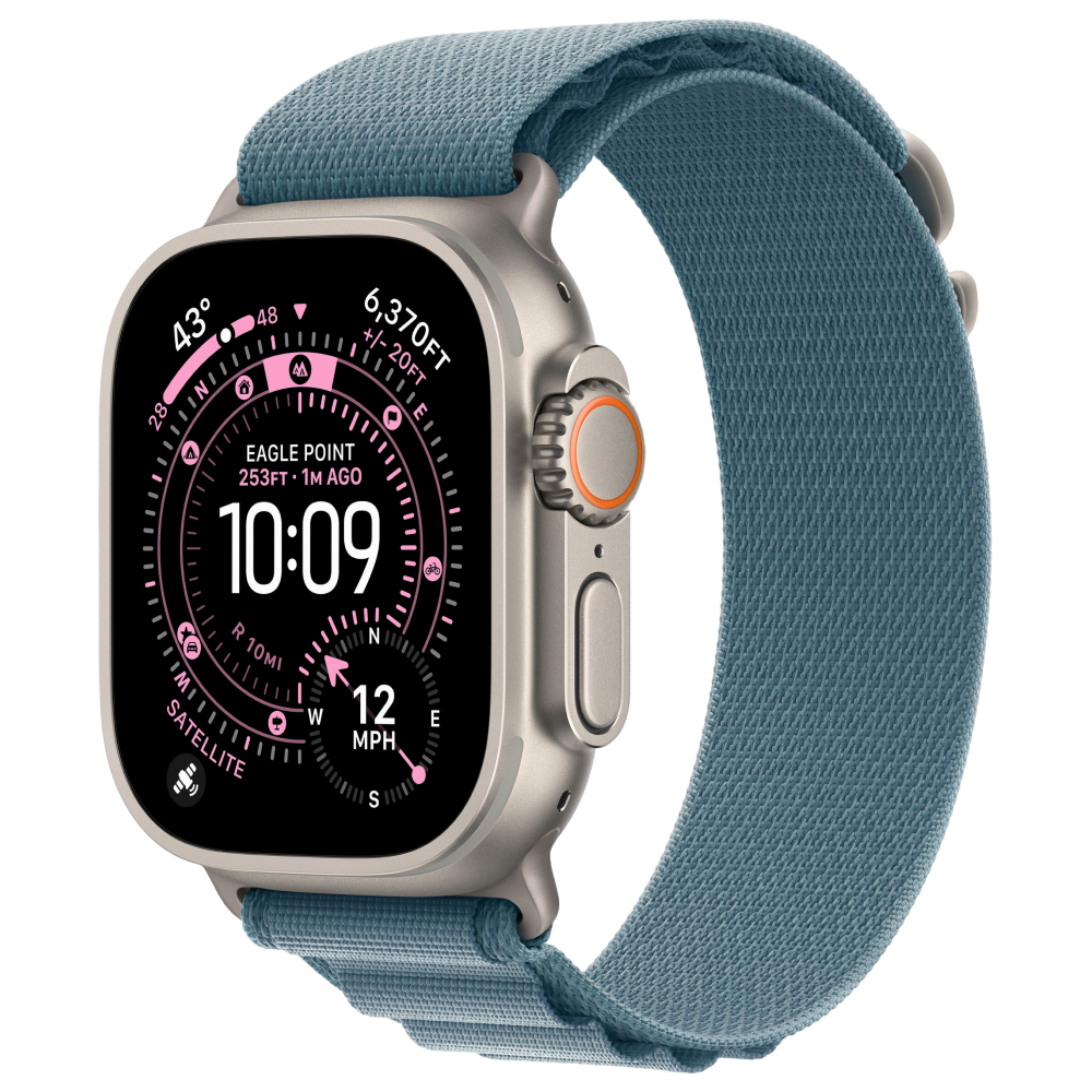 На фото изображено Apple Watch Ultra 3 GPS + Cellular, 49 мм, корпус из натурального титана, ремешок Alpine, цвет светло-синий, S