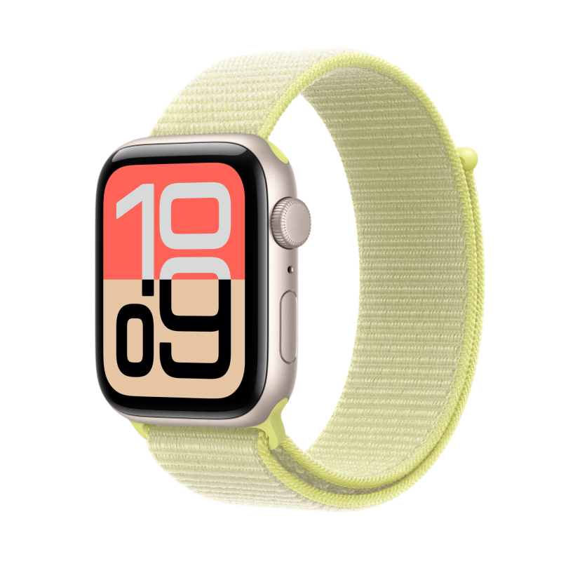 На фото изображено Apple Watch SE 3, 44 мм, корпус из алюминия цвета «Сияющая звезда», спортивный ремешок, размер M/L