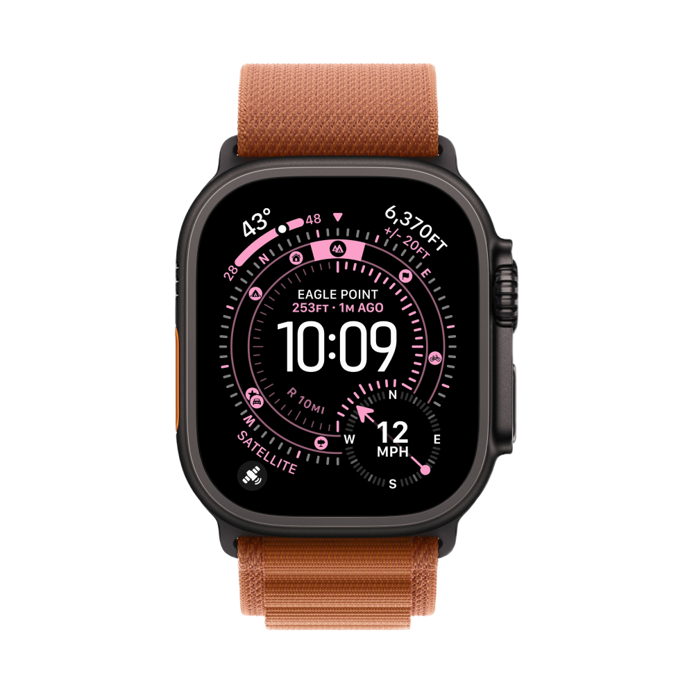 На фото изображено Apple Watch Ultra 3 GPS + Cellular, 49 мм, корпус из чёрного титана, ремешок Alpine, цвет терракотовый, M