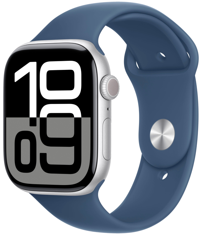 Apple Watch Series 10, 46 мм, корпус из алюминия цвета серебристый, спортивный ремешок, размер S/M Apple Watch Series 10, 46 мм, корпус из алюминия цвета серебристый, спортивный ремешок, размер S/M