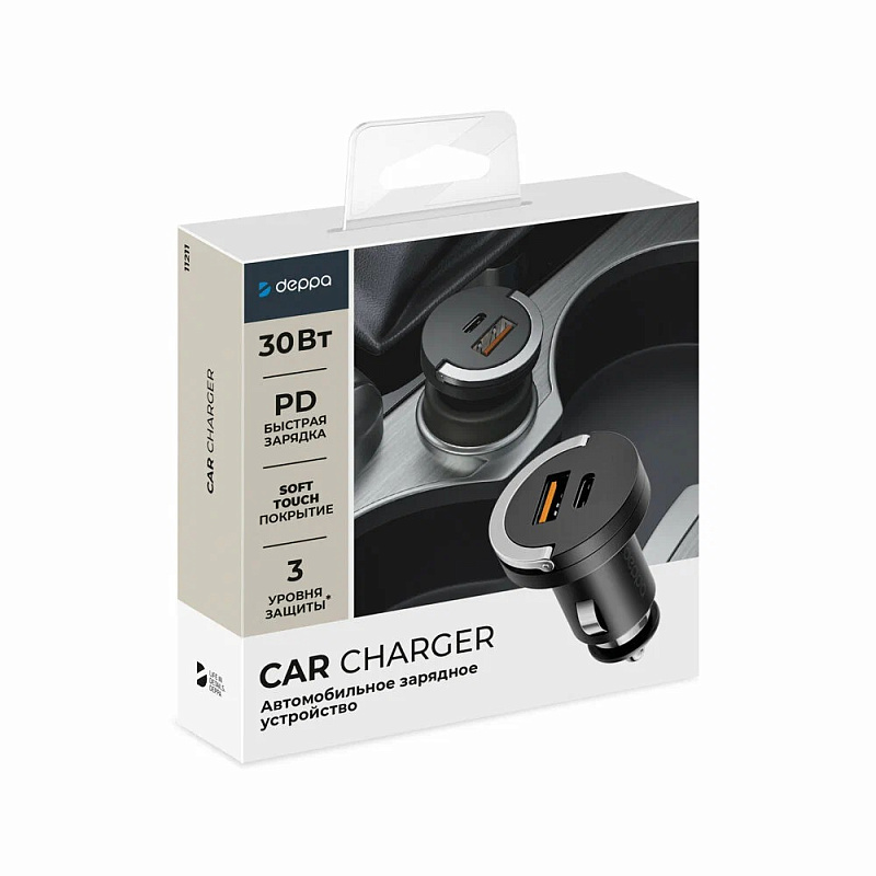 Автомобильное зарядное устройство Car Charger USB-C+USB-A, 30Вт, черный Автомобильное зарядное устройство Car Charger USB-C+USB-A, 30Вт, черный