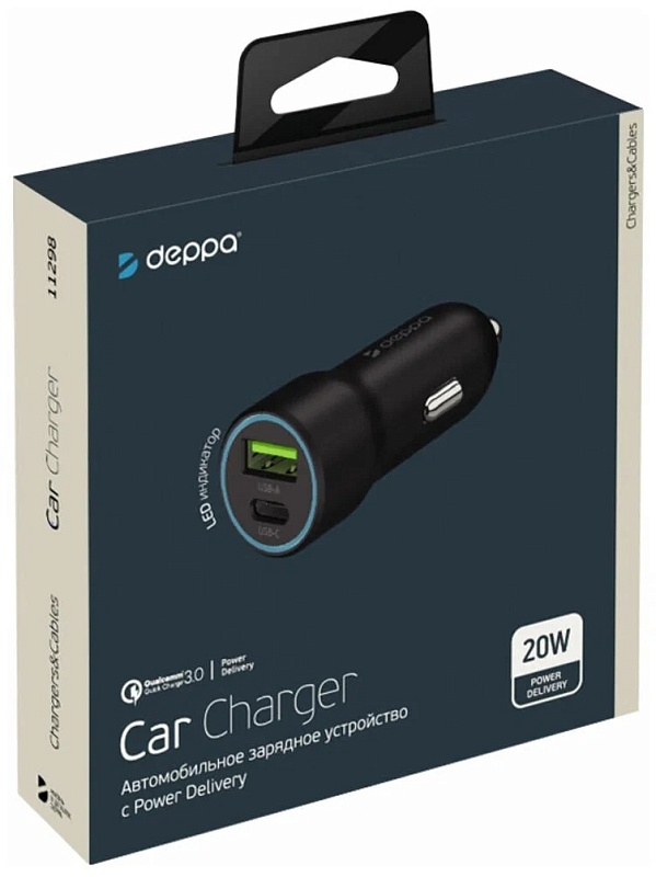 Автомобильное зарядное устройство Deppa USB-C+USB A, черный Автомобильное зарядное устройство Deppa USB-C+USB A, черный